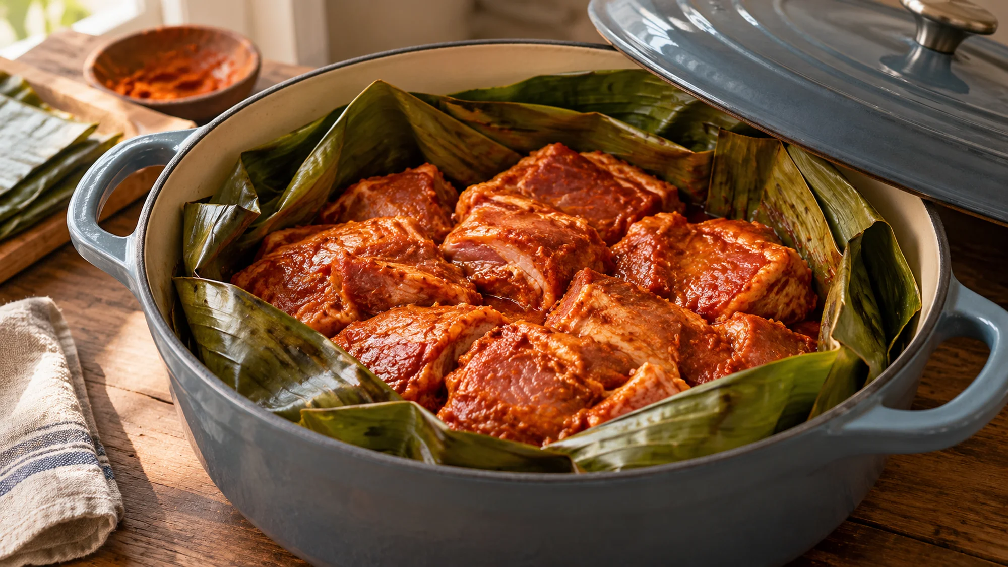 Cochinita pibil braising in banana leaves in a Dutch oven