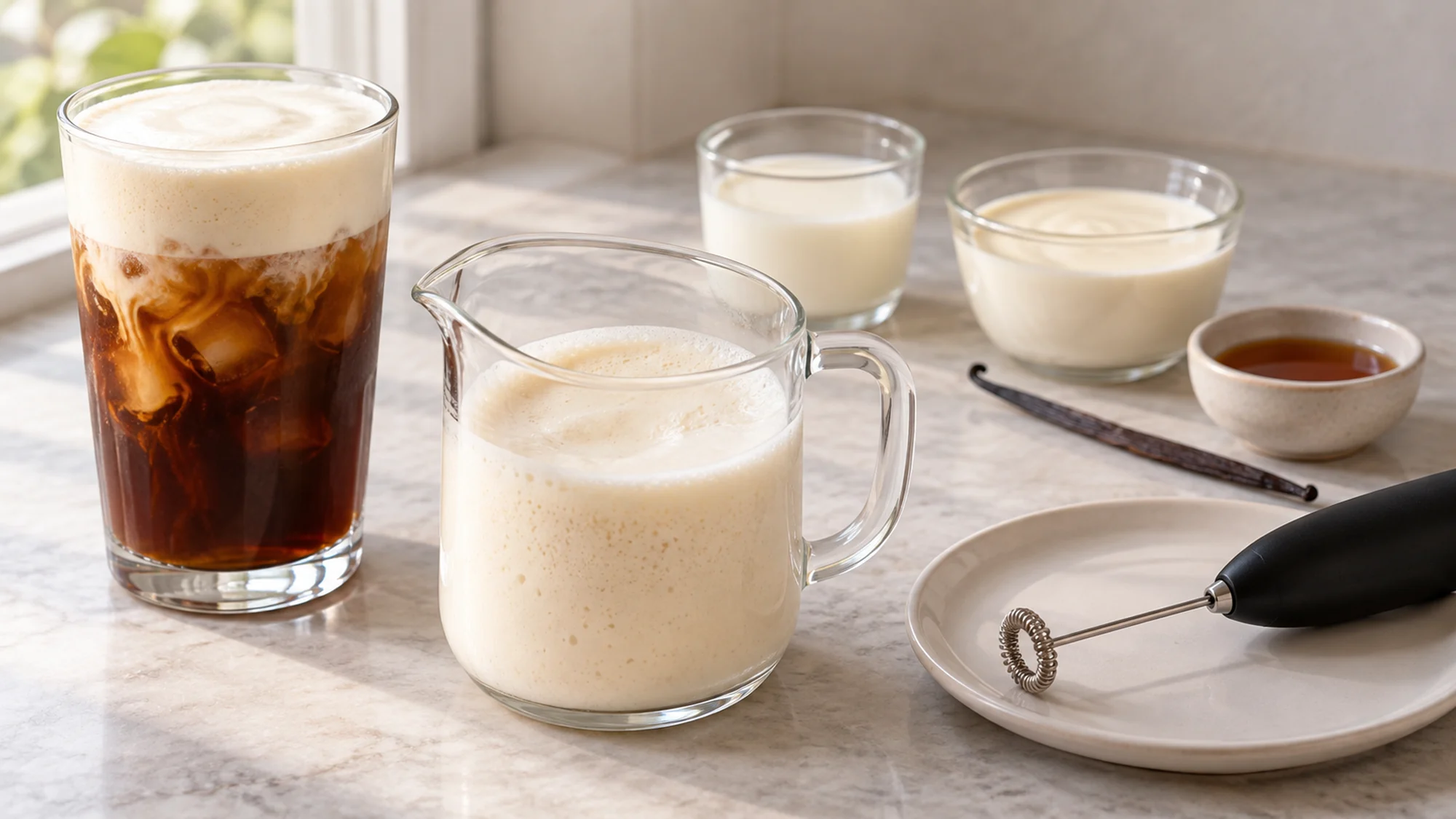 Milk, cream and maple beside a pitcher of cold foam and a handheld frother