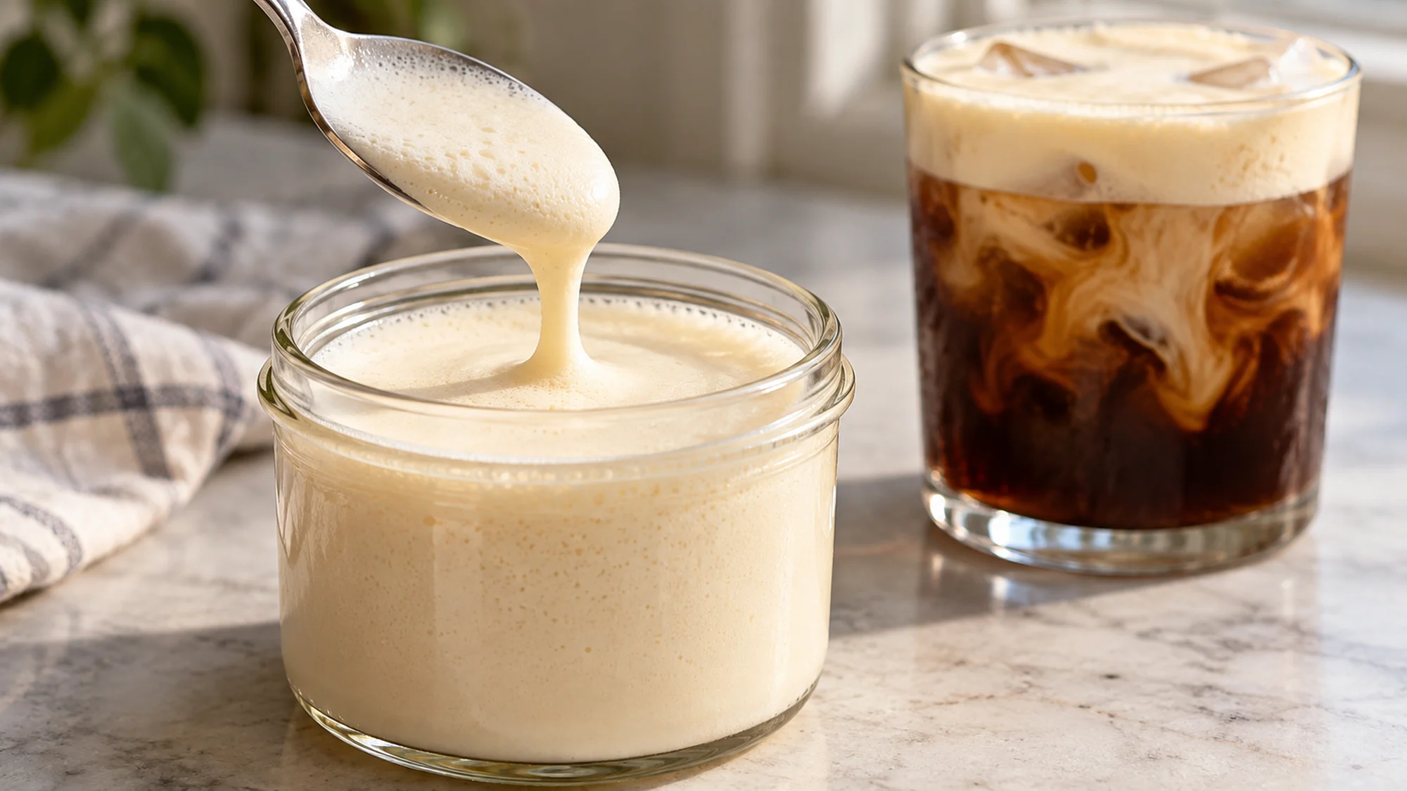 Pourable cold foam falling from a spoon into a small jar