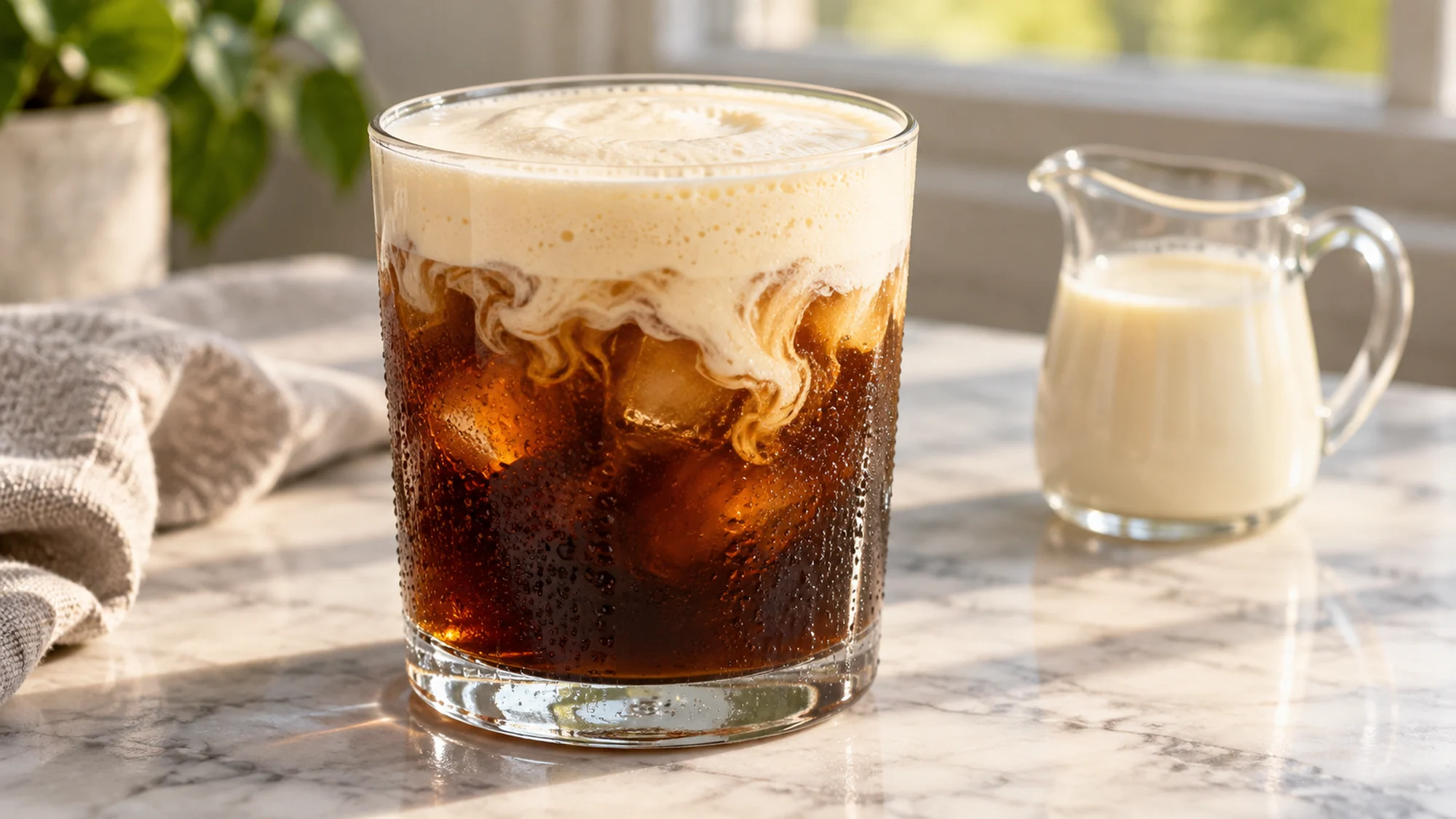 Fine cold foam settling into dark iced coffee