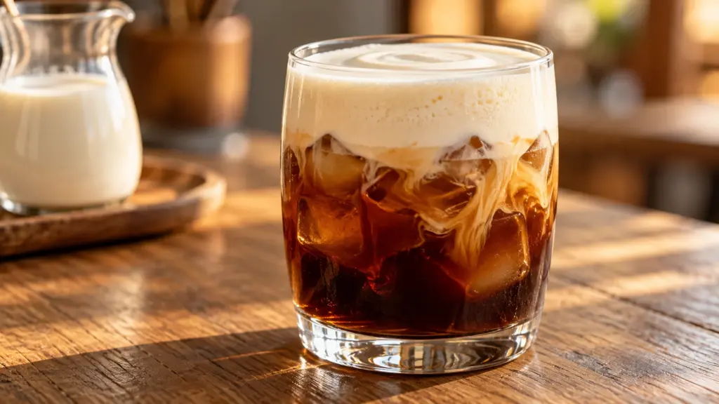 Vanilla-maple cold foam recipe served on iced coffee