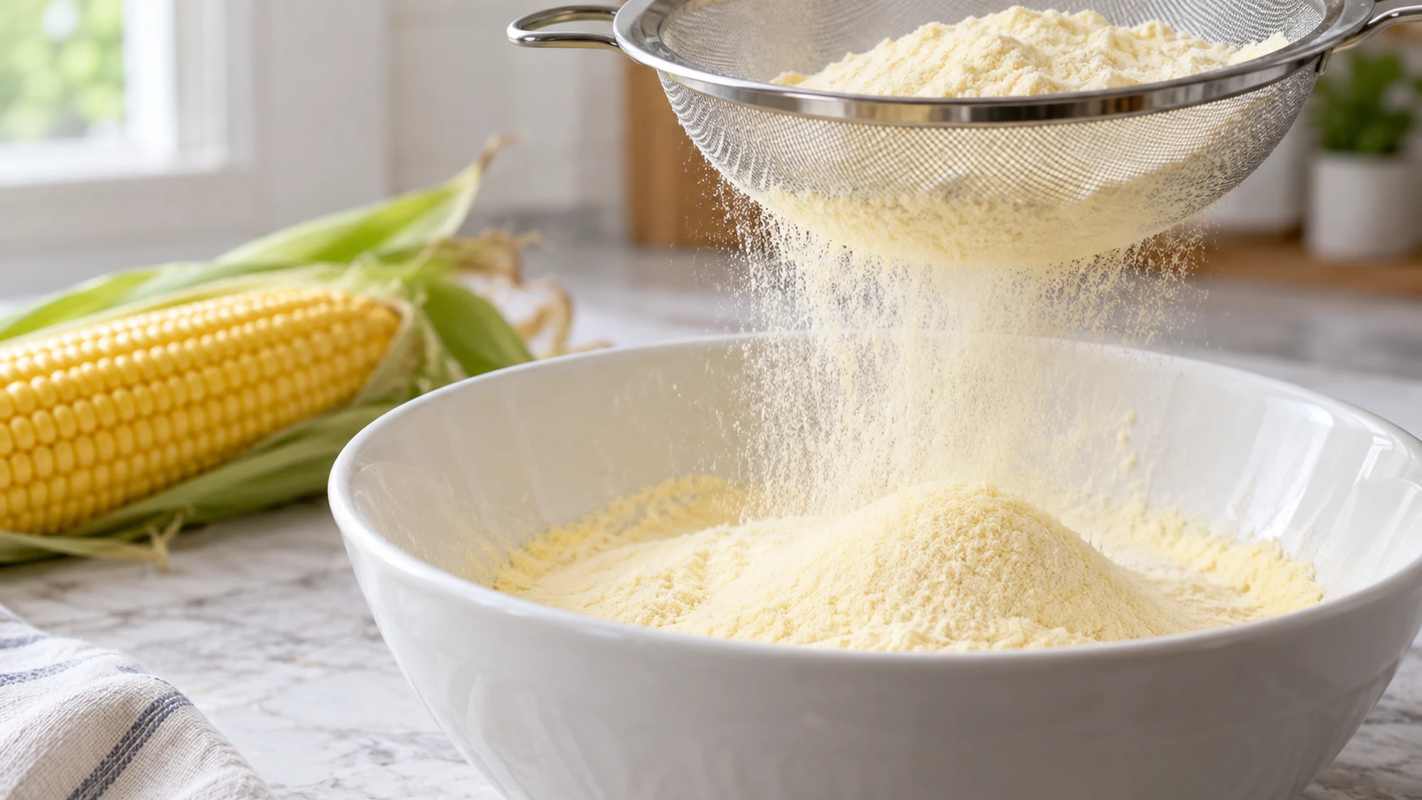 Fine corn flour being sifted into a mixing bowl