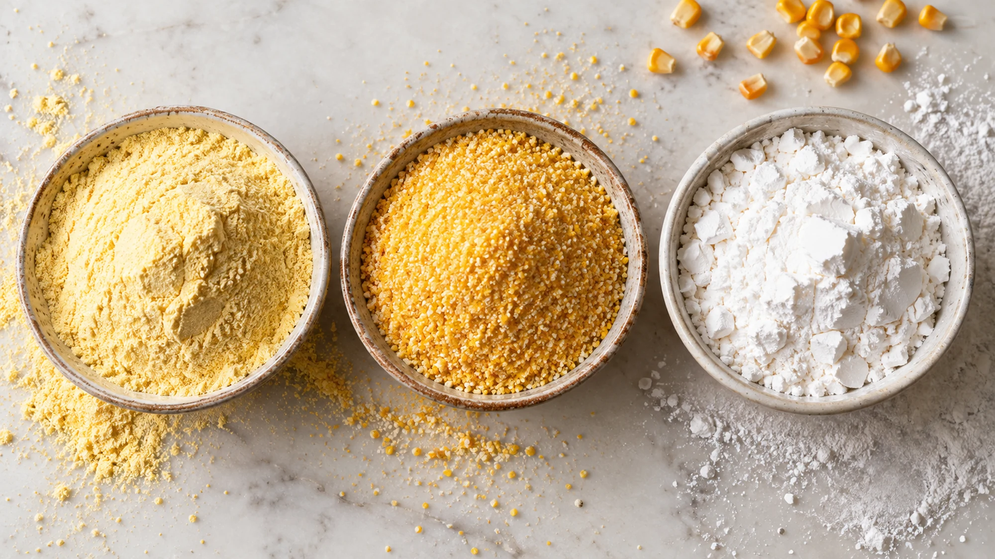 Bowls of fine corn flour, coarse cornmeal and white cornstarch