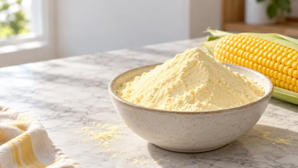 Fine corn flour in a ceramic bowl beside a yellow corn cob