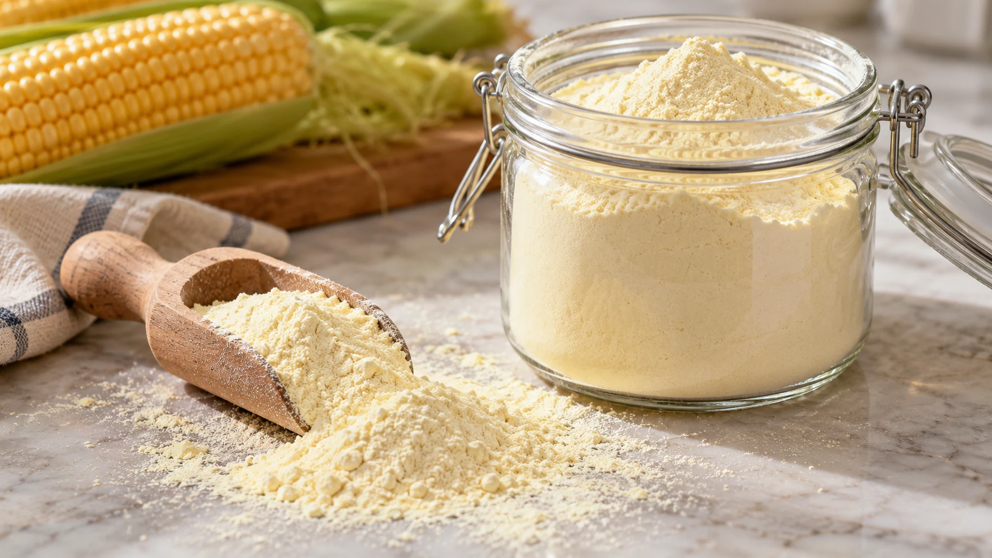 Fine corn flour in an open storage jar beside a wooden scoop