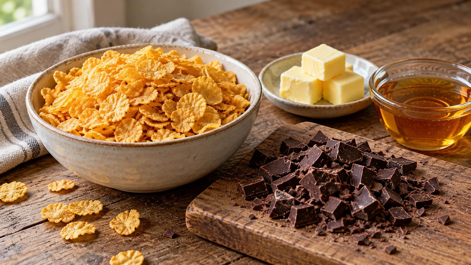 Cornflakes, dark chocolate, butter and syrup for cornflake cakes