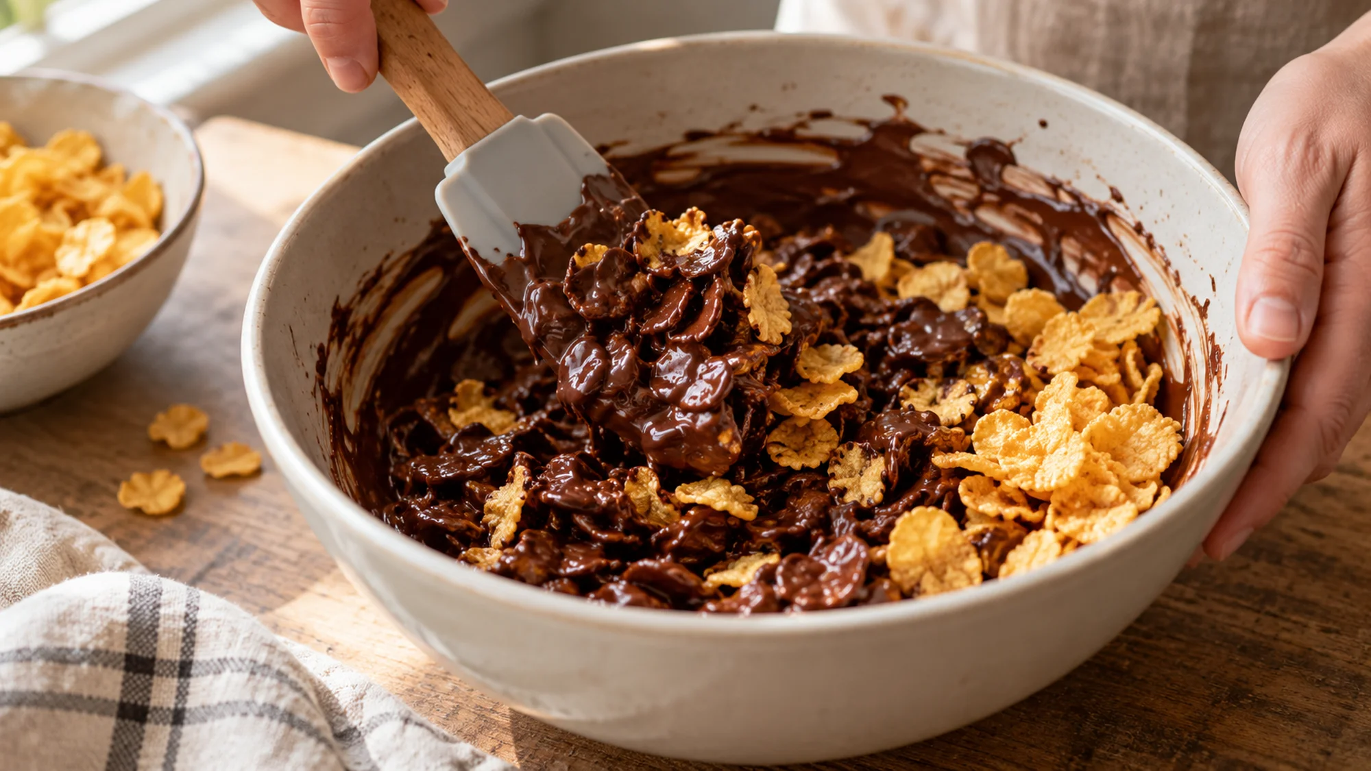 Folding cereal into melted chocolate for cornflake cakes