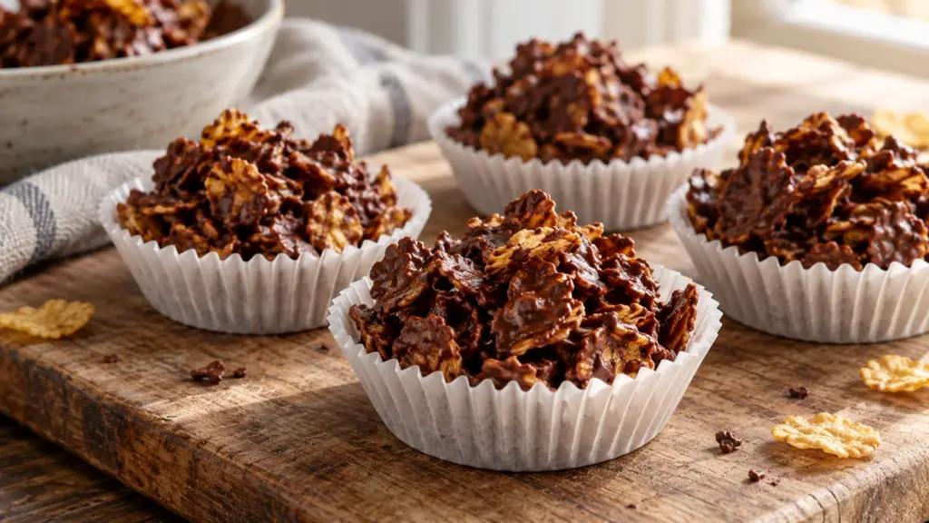 Dark chocolate cornflake cakes in paper cases