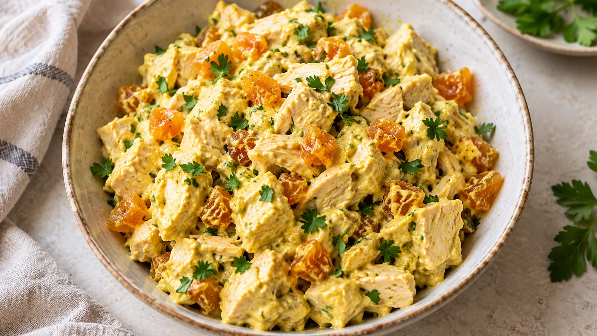 A close serving of the coronation chicken recipe with parsley