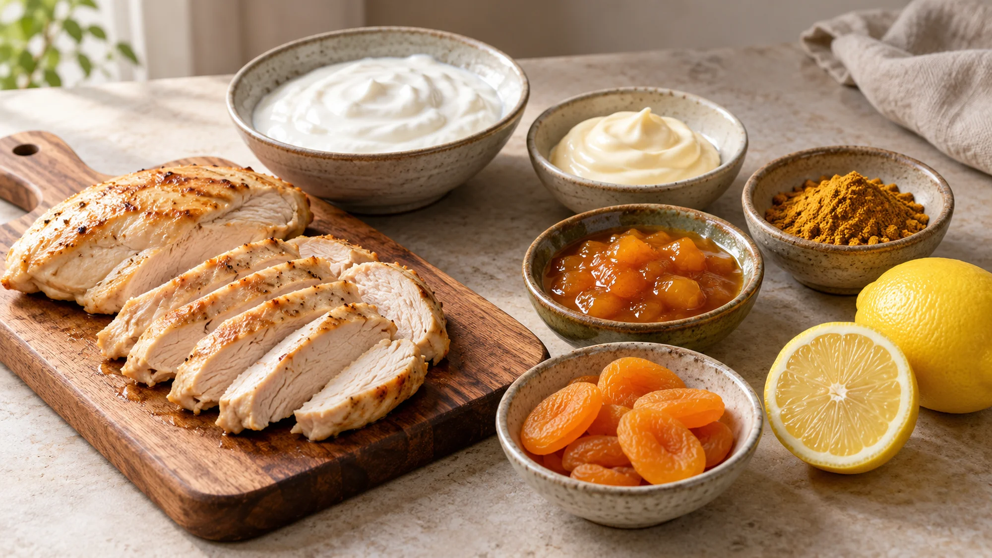 Cooked chicken and dressing ingredients for the coronation chicken recipe