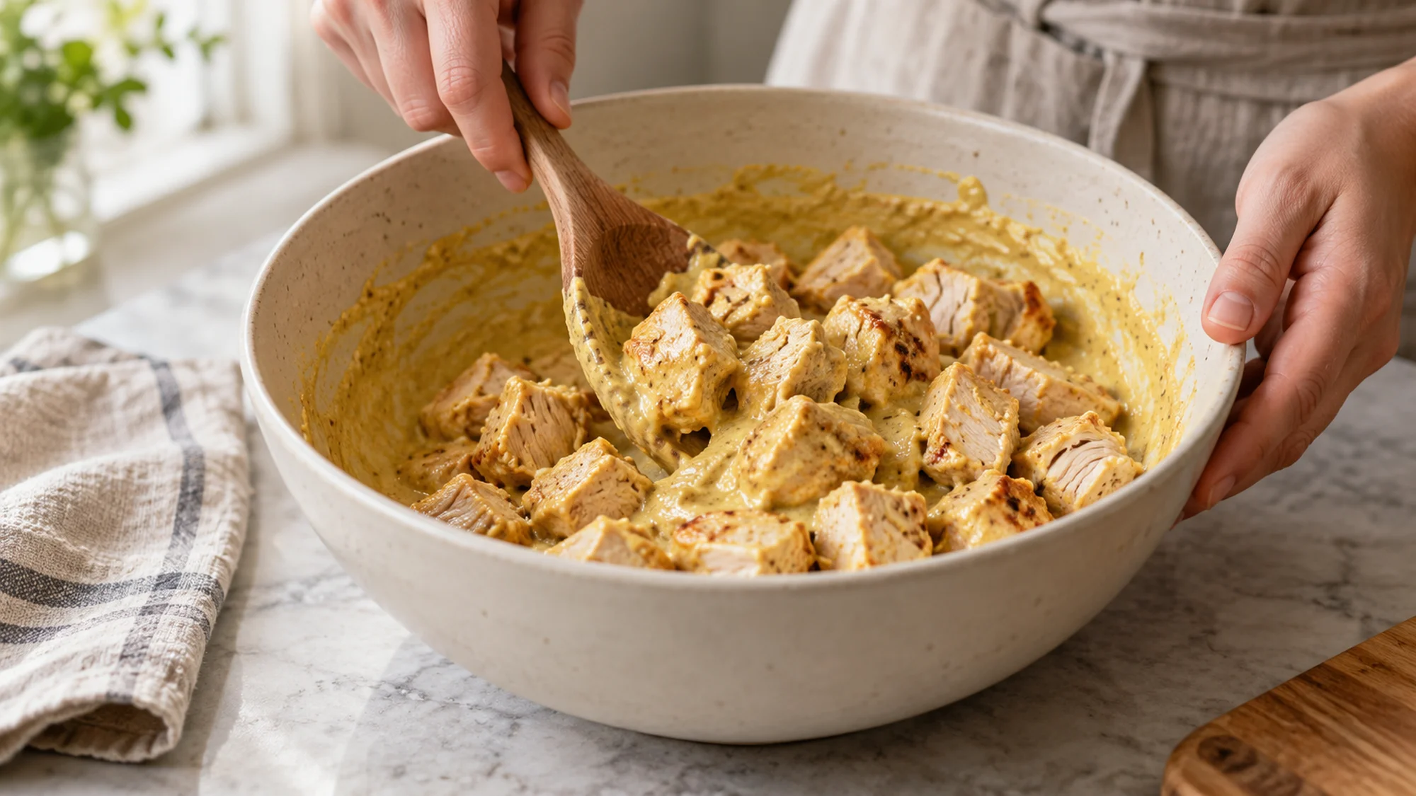 Folding cooked chicken into dressing for the coronation chicken recipe