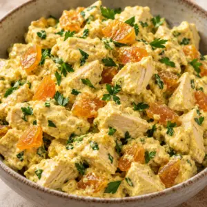 A bowl of the coronation chicken recipe with curry dressing