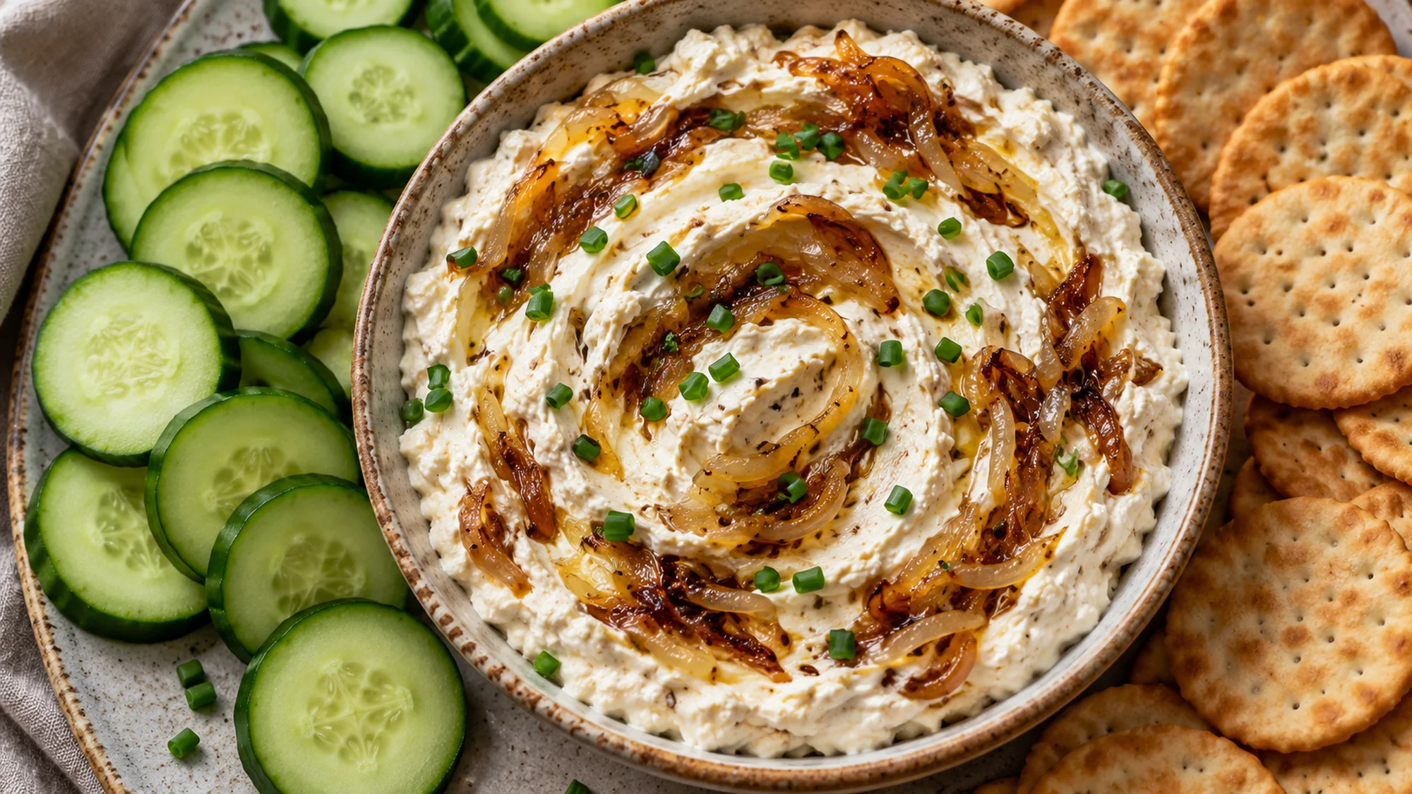 Onion strands swirled through cottage cheese caramelized onion dip