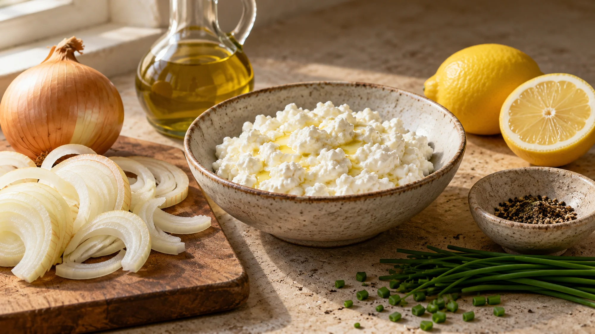 Cottage cheese, onions and lemon for cottage cheese caramelized onion dip