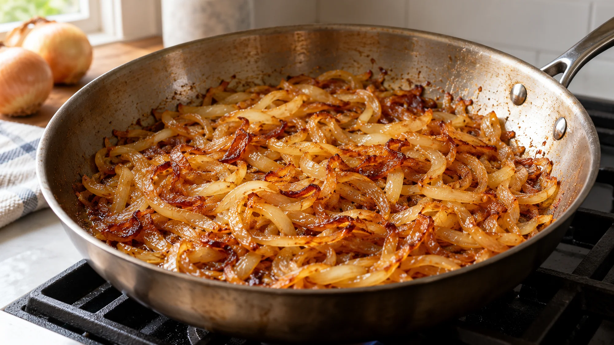 Golden onions in a skillet for cottage cheese caramelized onion dip