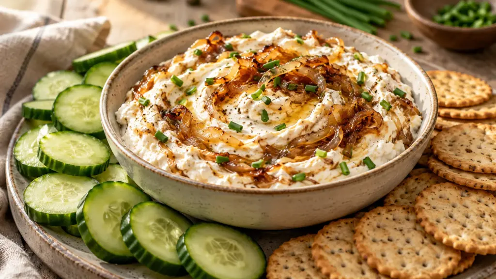 Cottage cheese caramelized onion dip with chives and cucumber