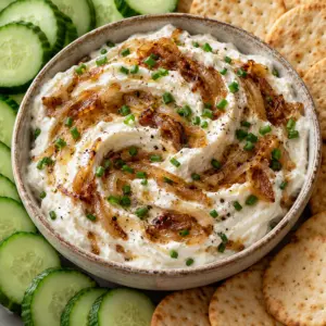 Cottage cheese caramelized onion dip served with crackers