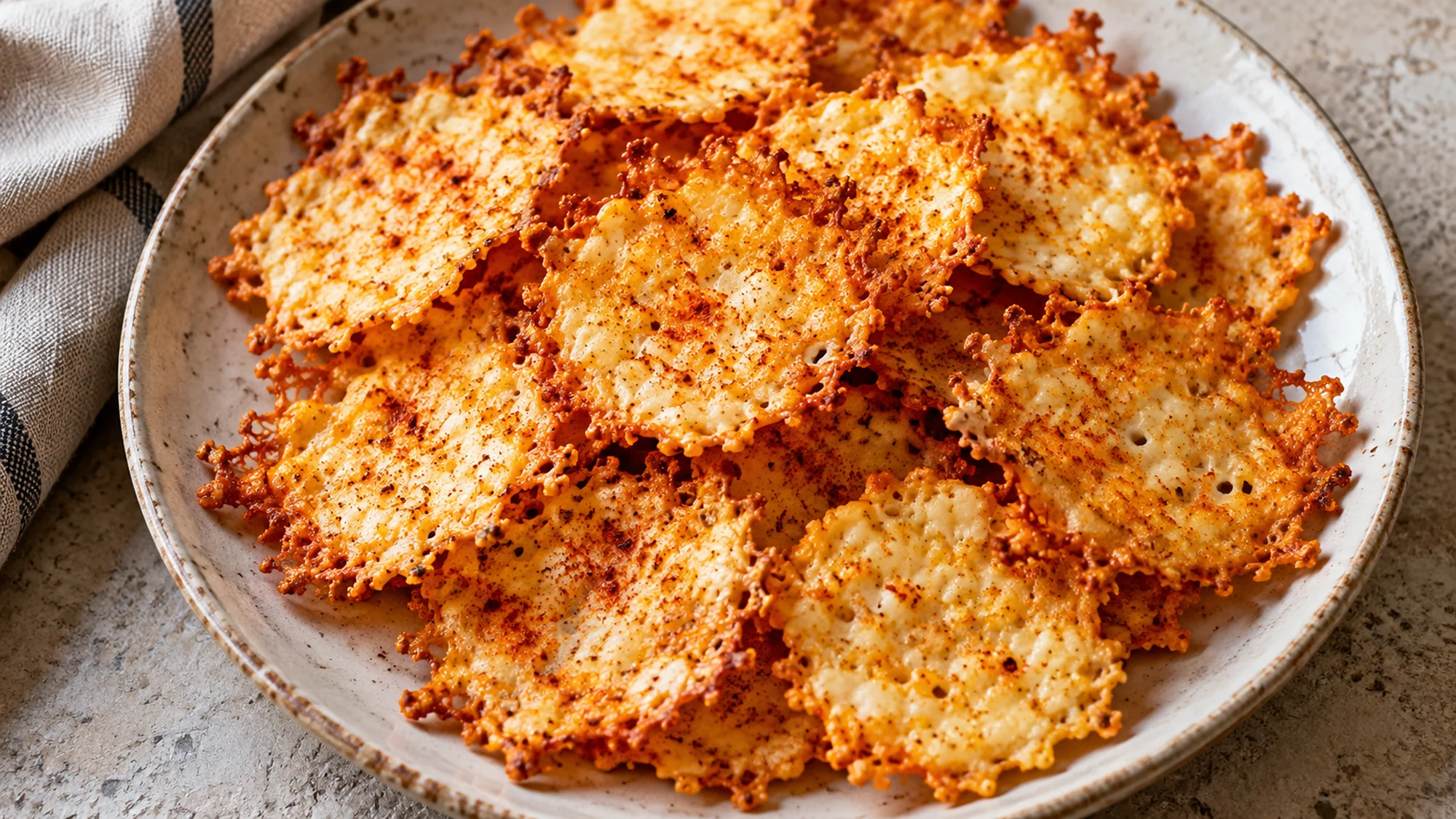 Thin cottage cheese chips showing crisp browned edges