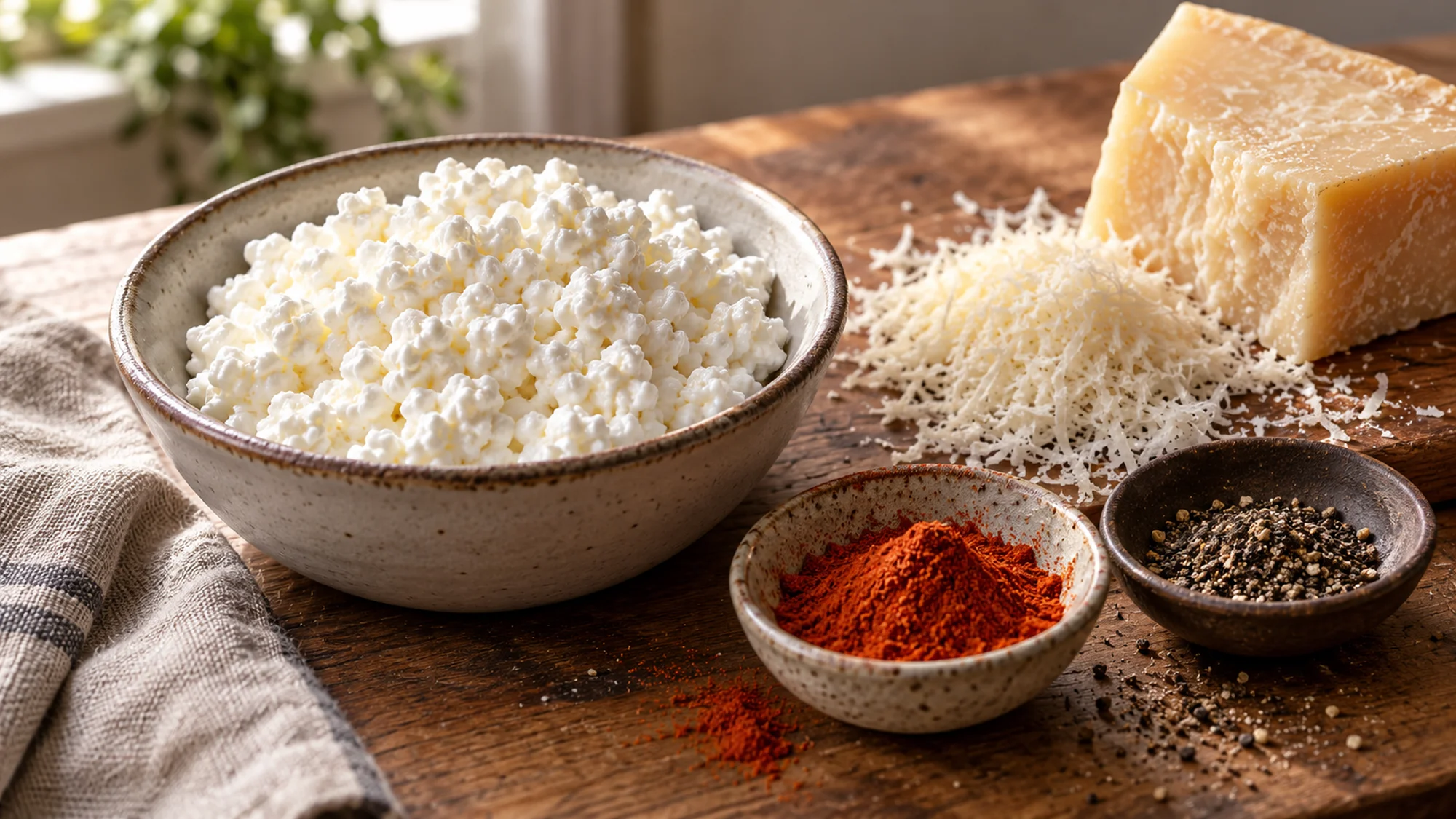 Cottage cheese, Parmesan and seasonings for cottage cheese chips