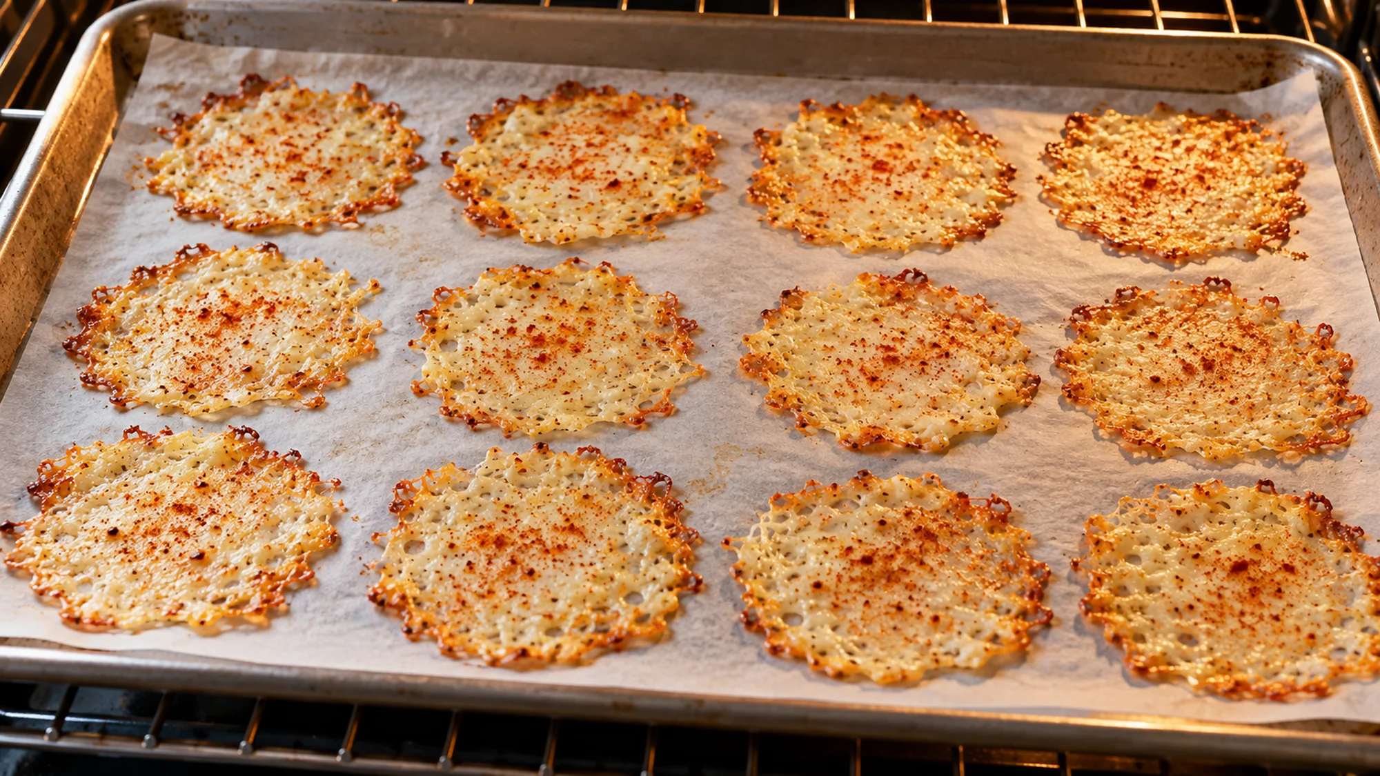 Thin cottage cheese chips drying on a parchment-lined baking sheet