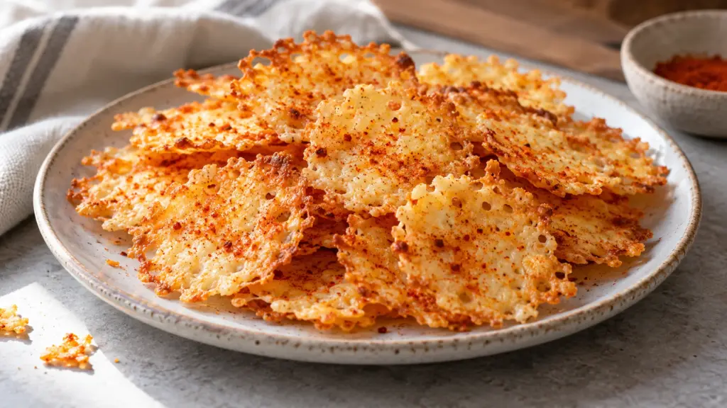 Golden cottage cheese chips with paprika and lacy edges
