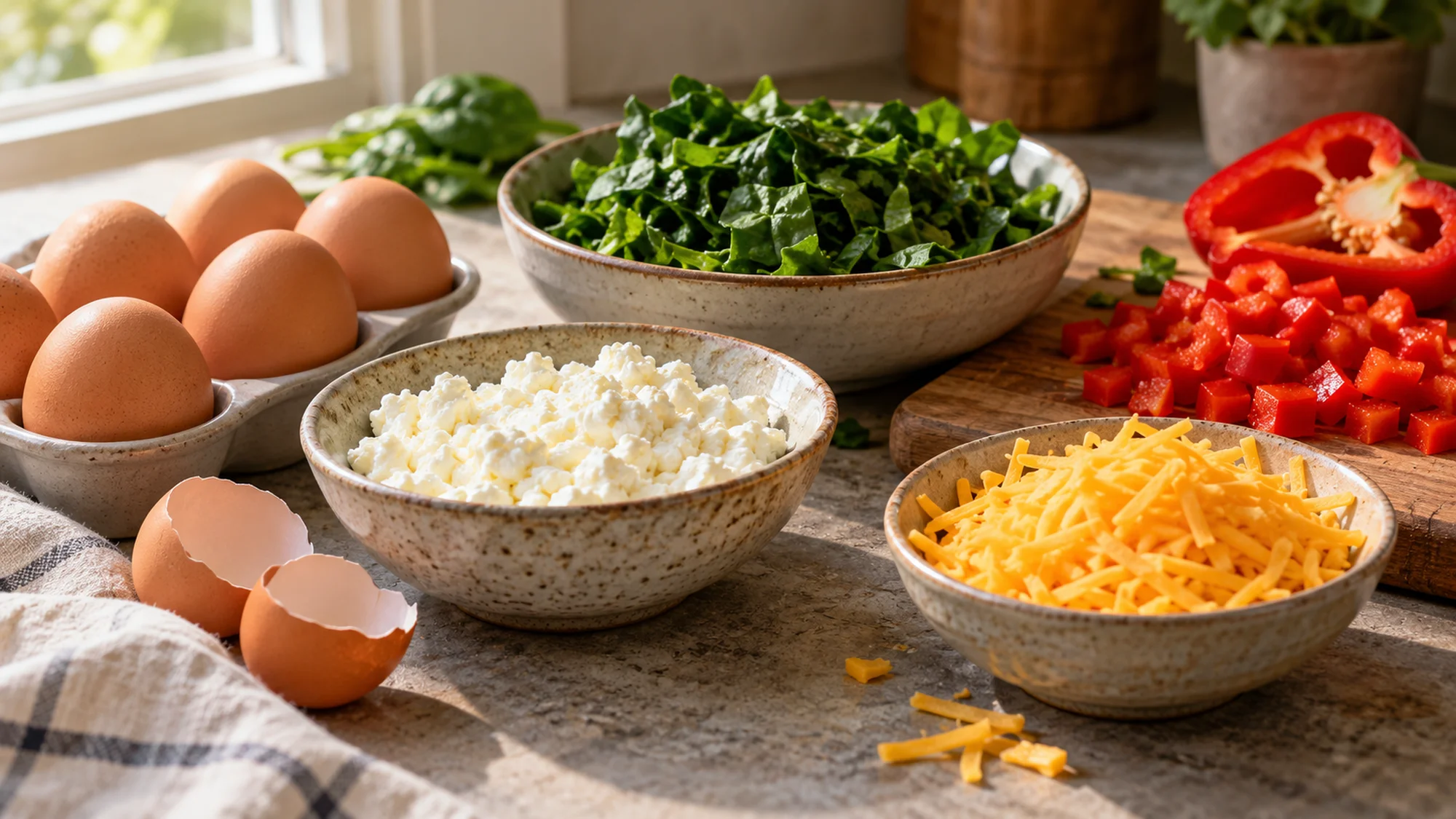 Eggs, cottage cheese, vegetables and cheddar for cottage cheese egg bites