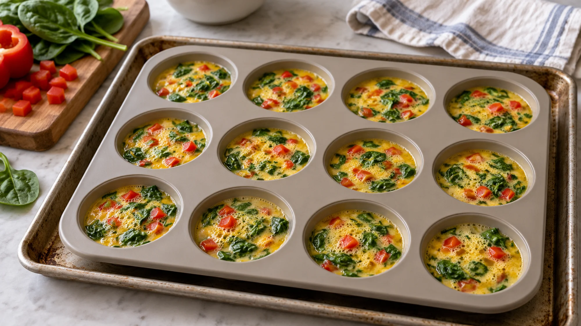 Cottage cheese egg bites mixture portioned in a muffin pan