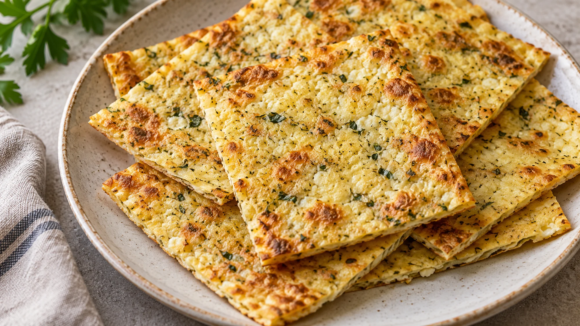 Cottage cheese flatbread showing its thin herb-flecked surface