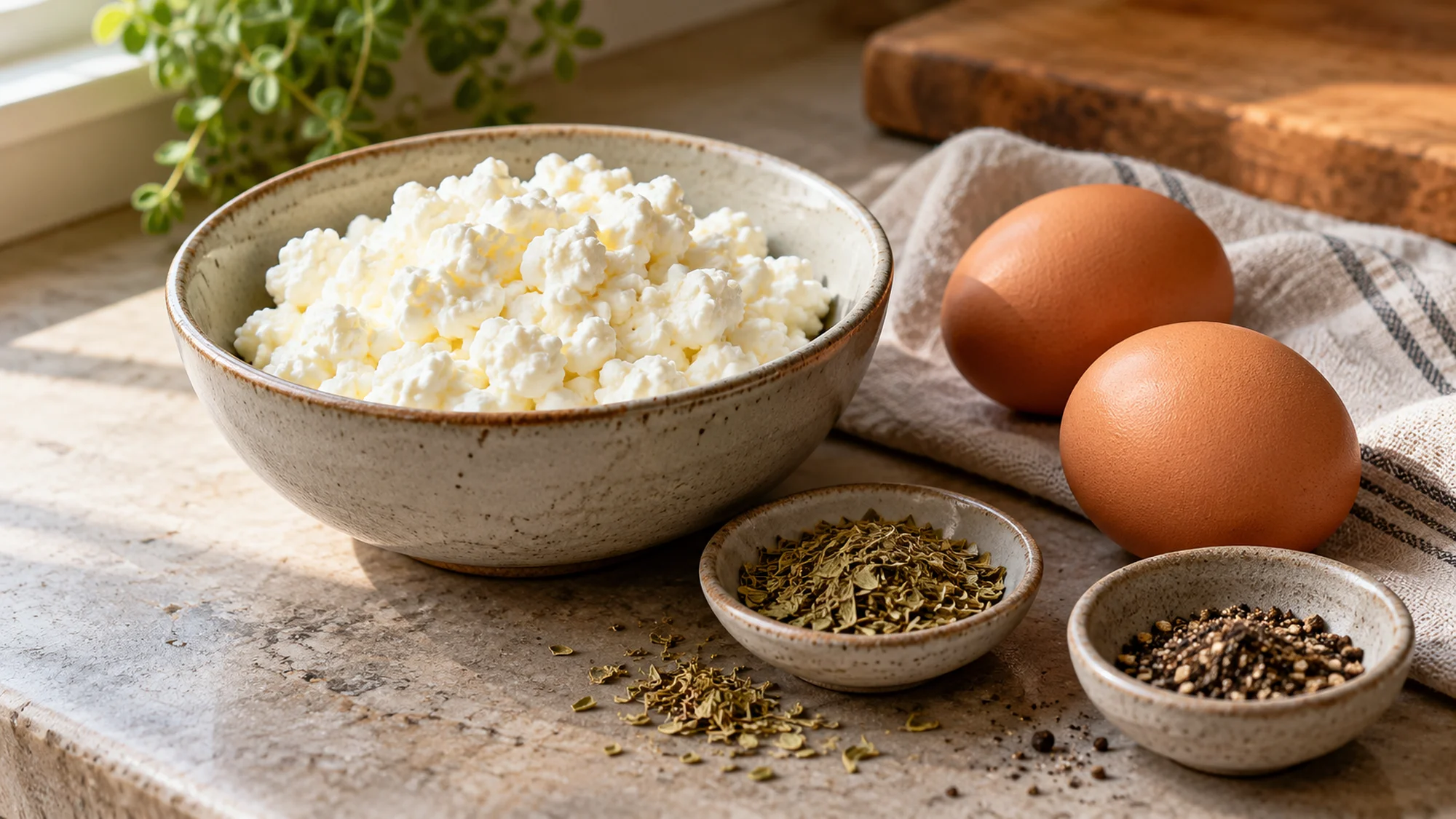 Cottage cheese, eggs and seasonings for cottage cheese flatbread