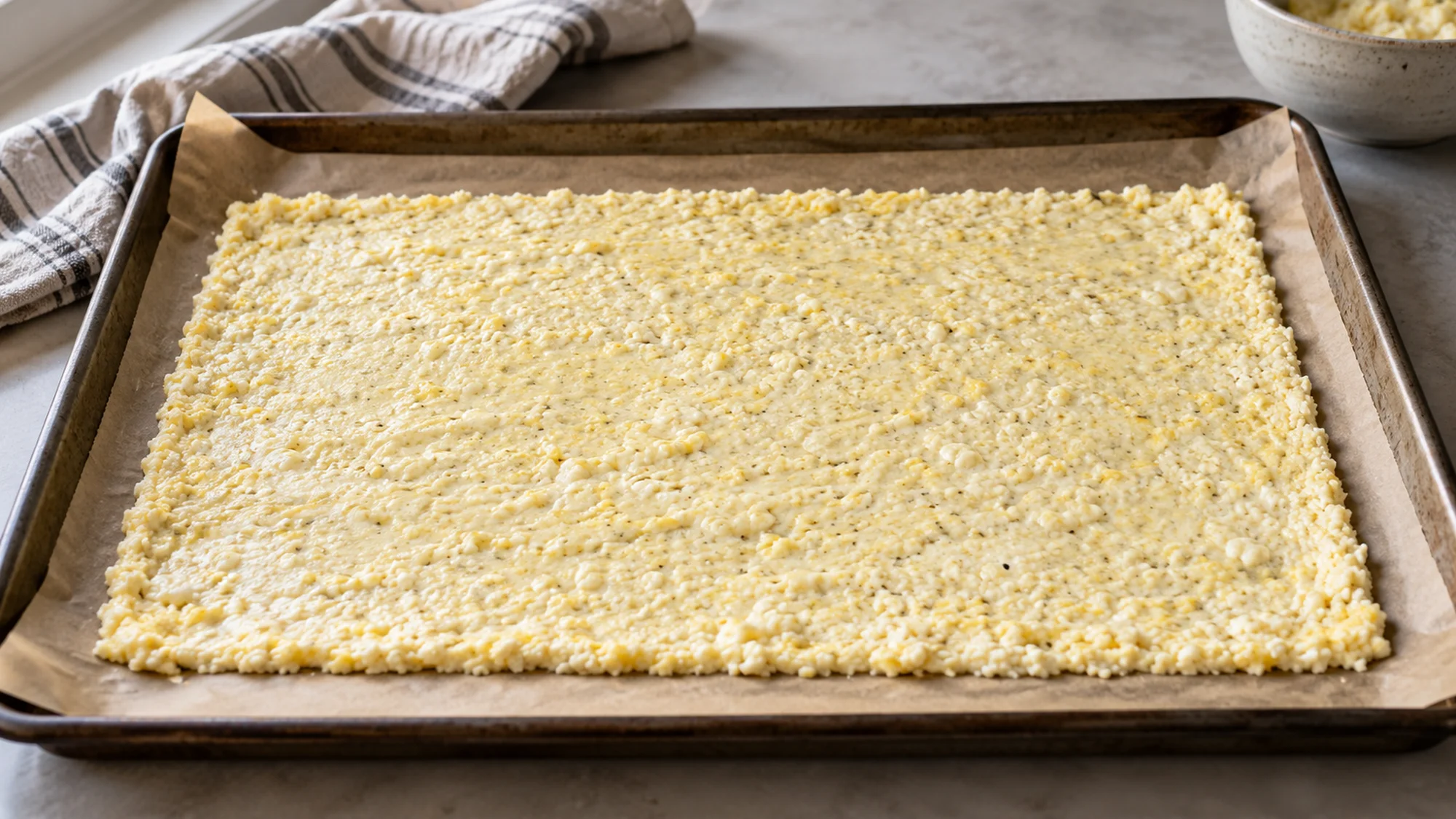 Cottage cheese flatbread mixture spread on parchment before baking