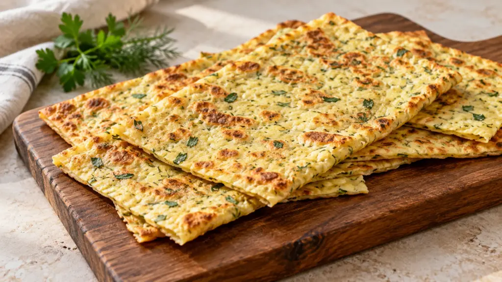 Golden cottage cheese flatbread cut into rectangles