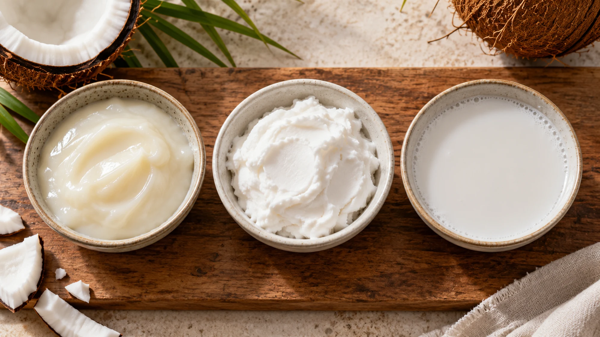 Cream of coconut beside coconut cream and coconut milk
