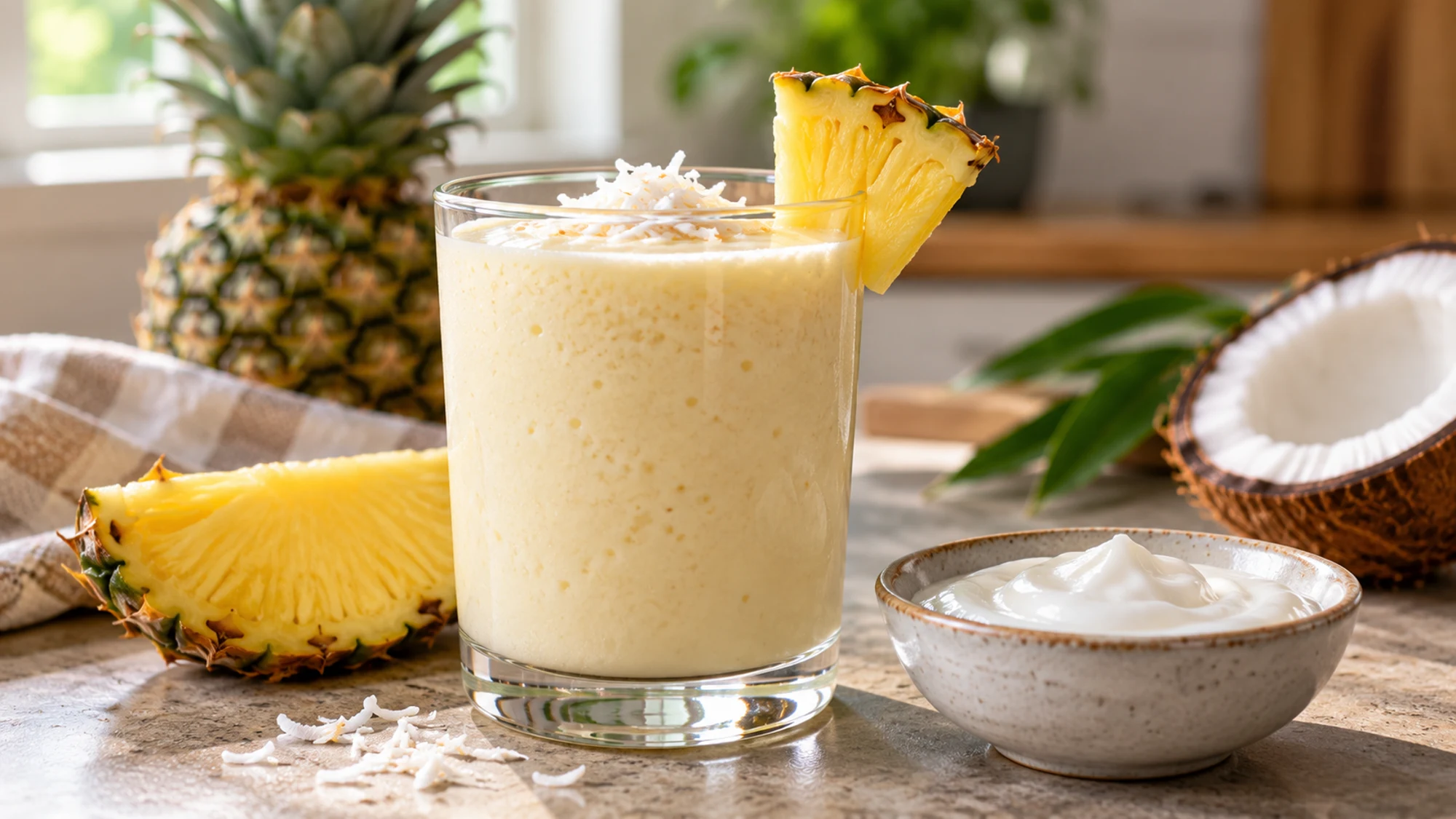 Pineapple drink with a small bowl of cream of coconut