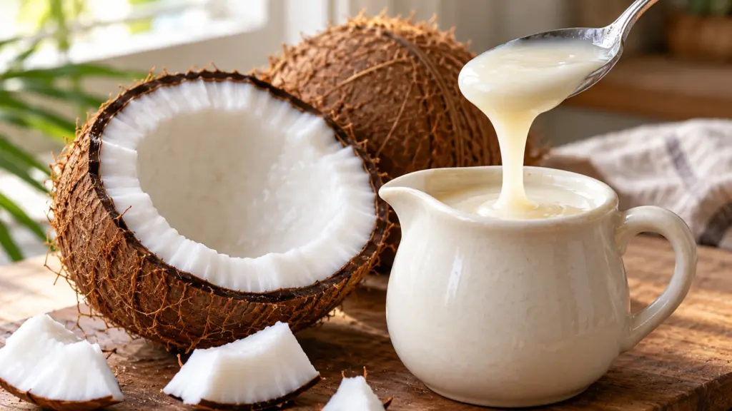 Cream of coconut in a small pitcher beside a split coconut