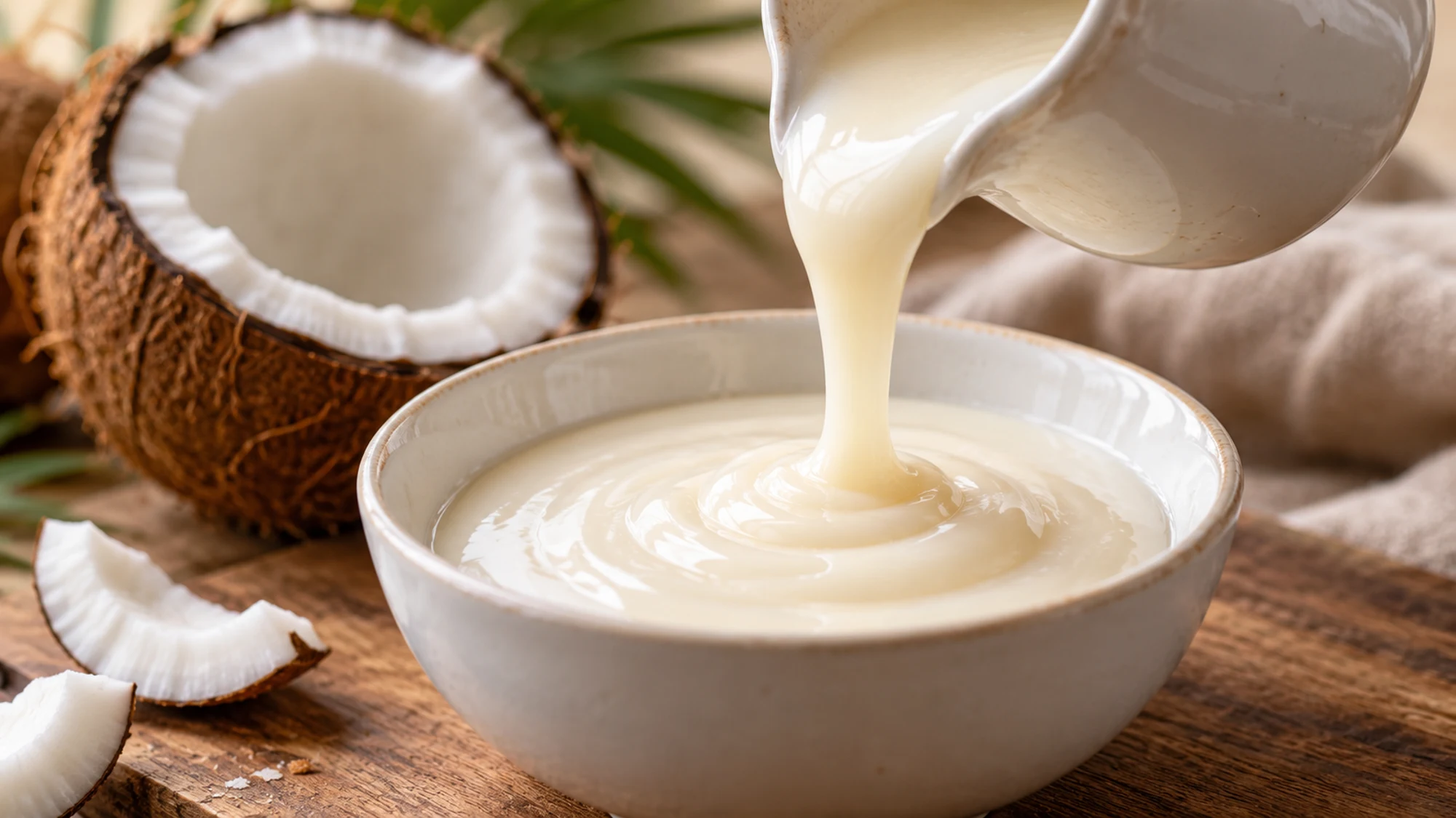 Thick cream of coconut pouring into a ceramic bowl