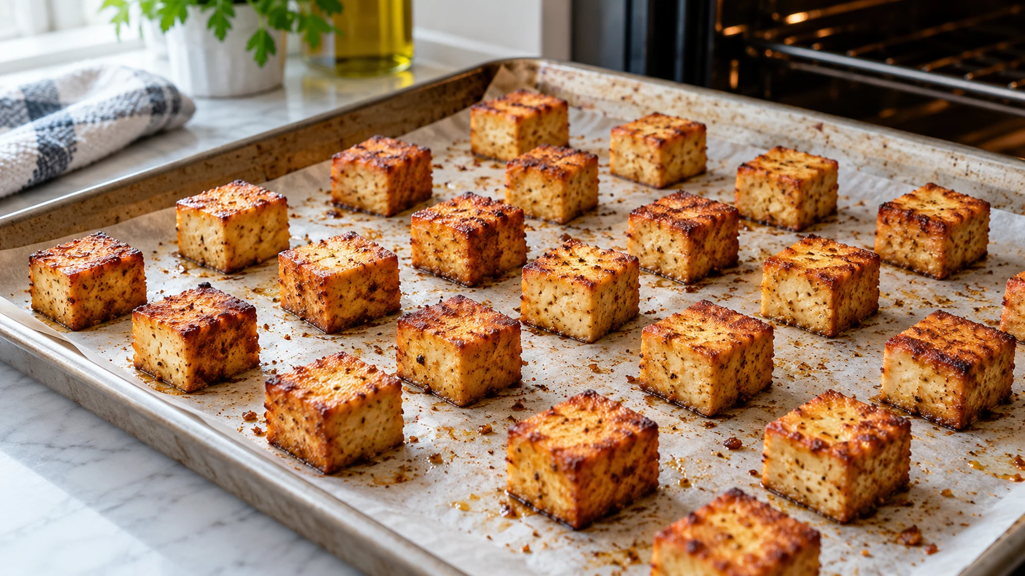 Crispy baked tofu cubes spaced apart on a parchment-lined baking sheet