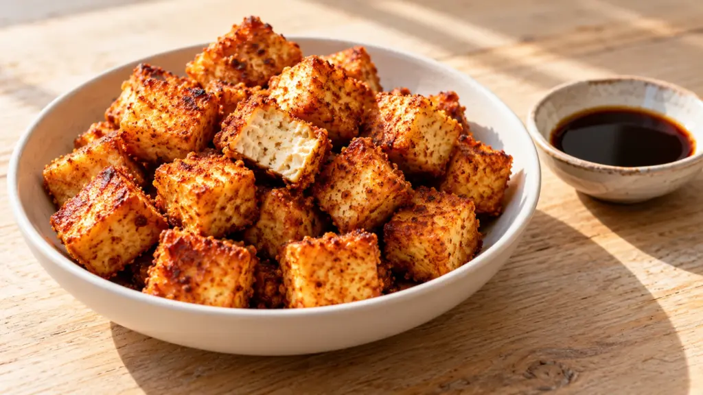 Crispy baked tofu cubes with sauce in a separate dipping dish
