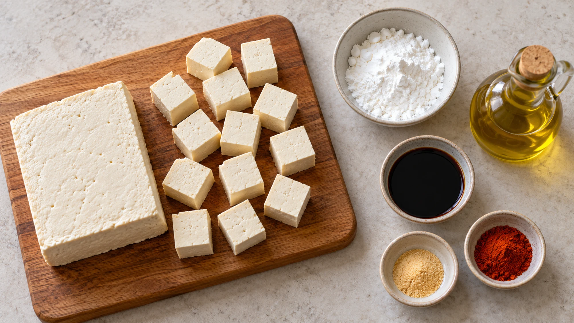 Extra-firm tofu, cornstarch, oil, soy sauce and seasonings