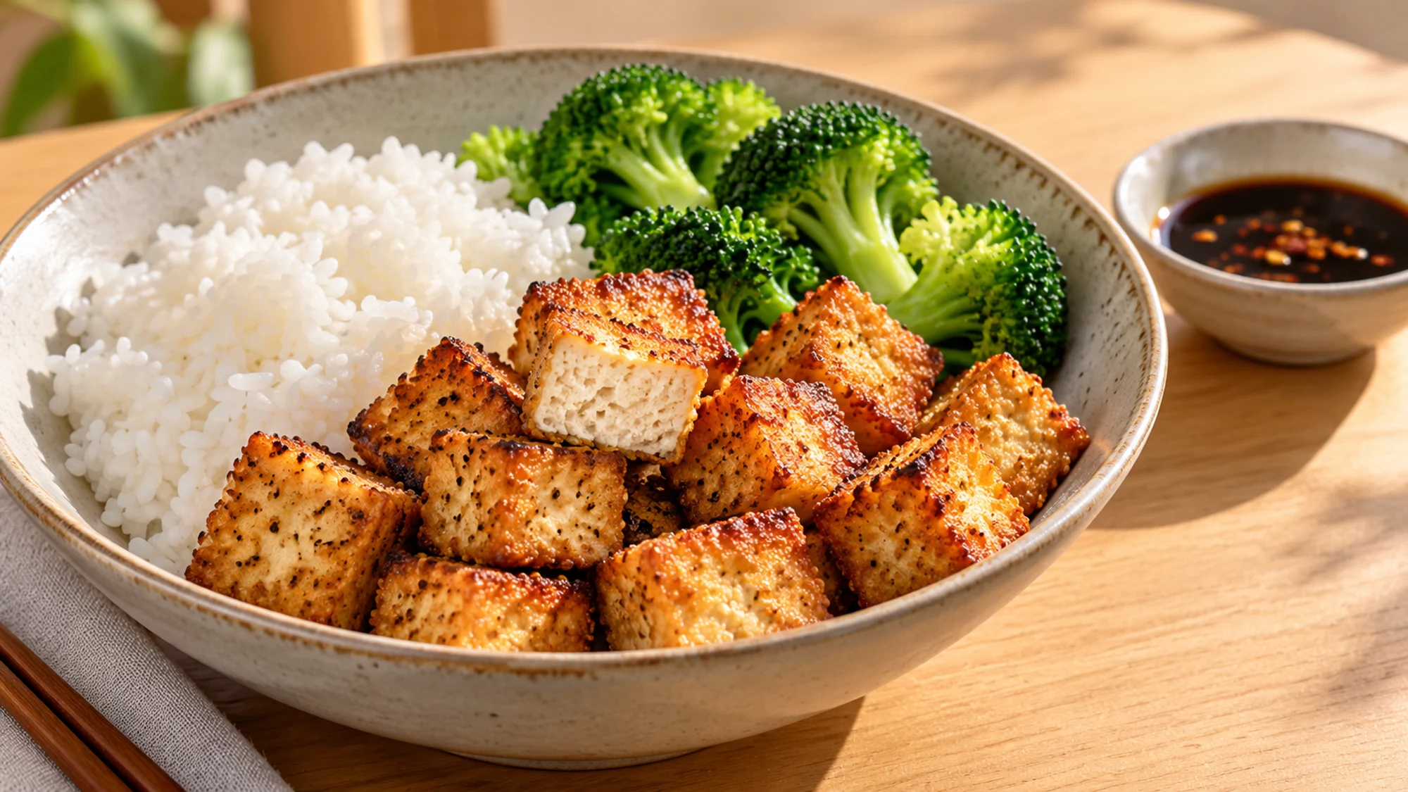 Crispy baked tofu served beside rice and broccoli