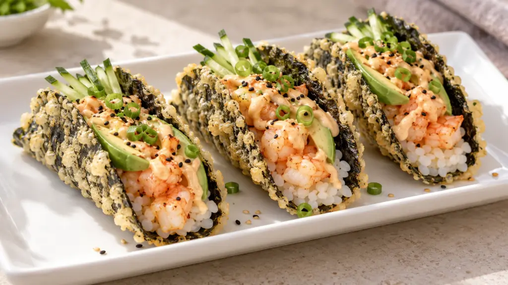 Crispy nori sushi tacos filled with cooked shrimp, rice, cucumber and avocado
