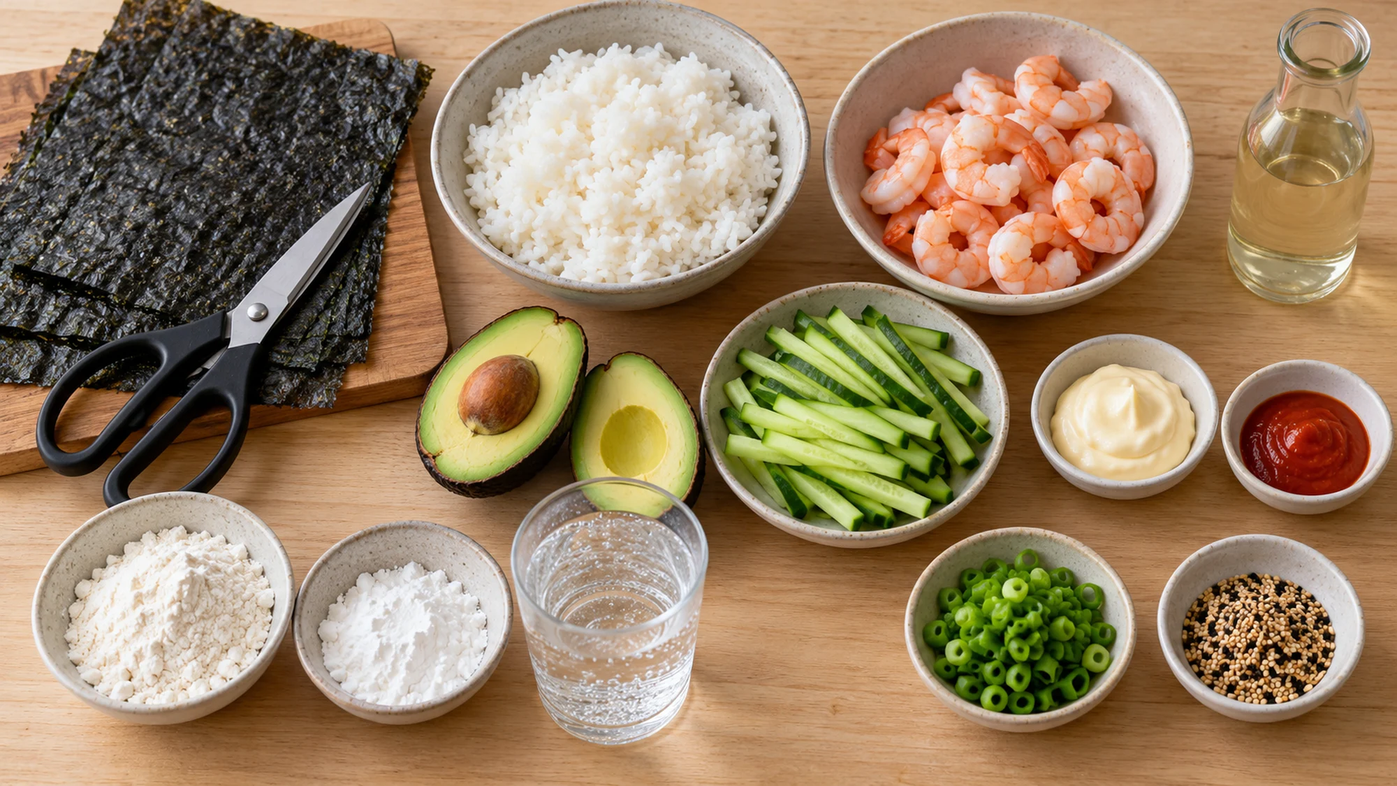 Nori, cooked shrimp, rice, cucumber, avocado and light batter ingredients