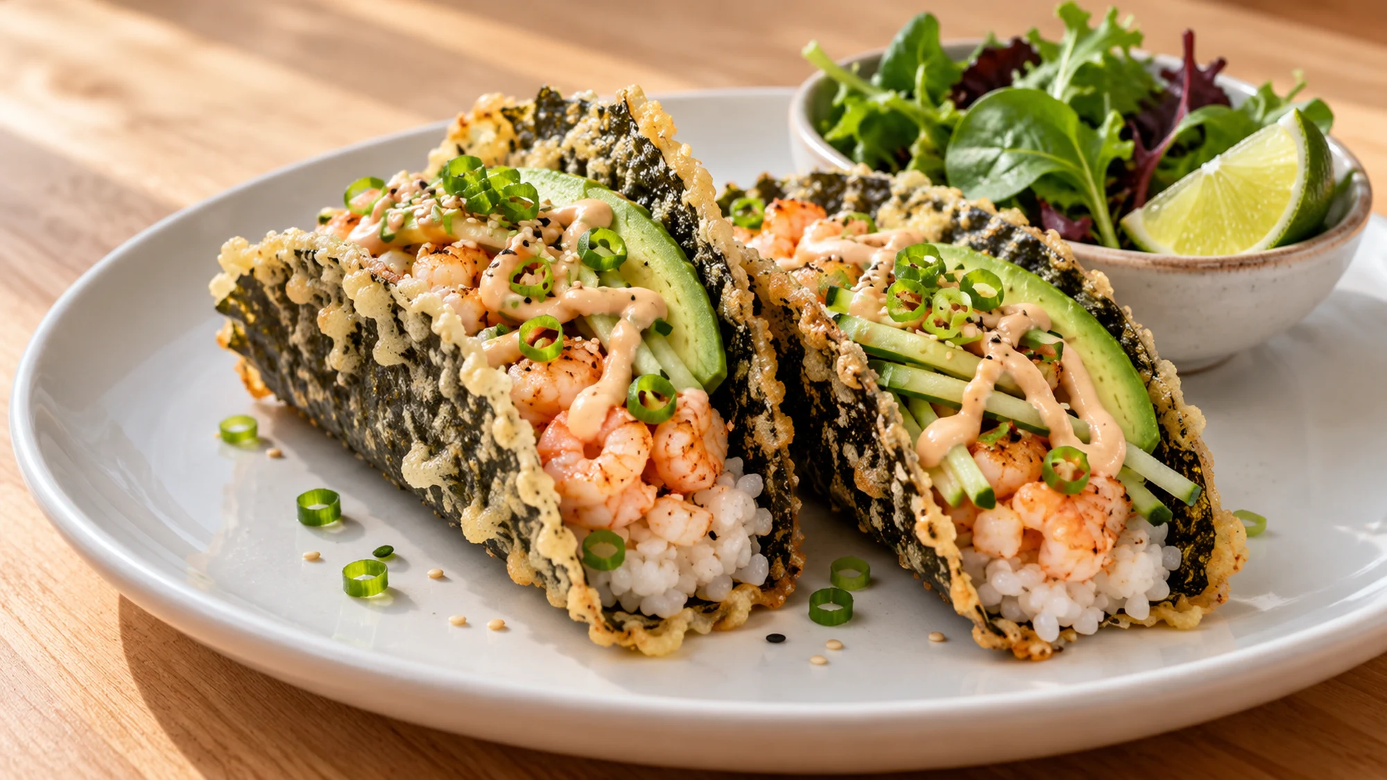 Two cooked-shrimp nori tacos served with greens and lime