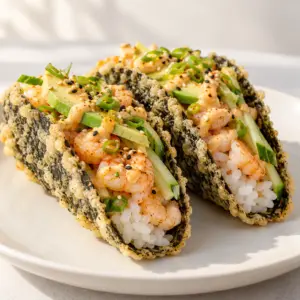 Crispy nori sushi tacos with cooked shrimp and avocado