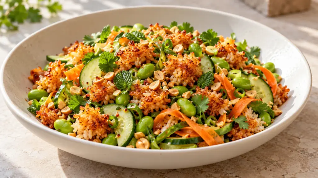 Crispy rice salad with edamame, cucumber, carrot, mint and peanuts