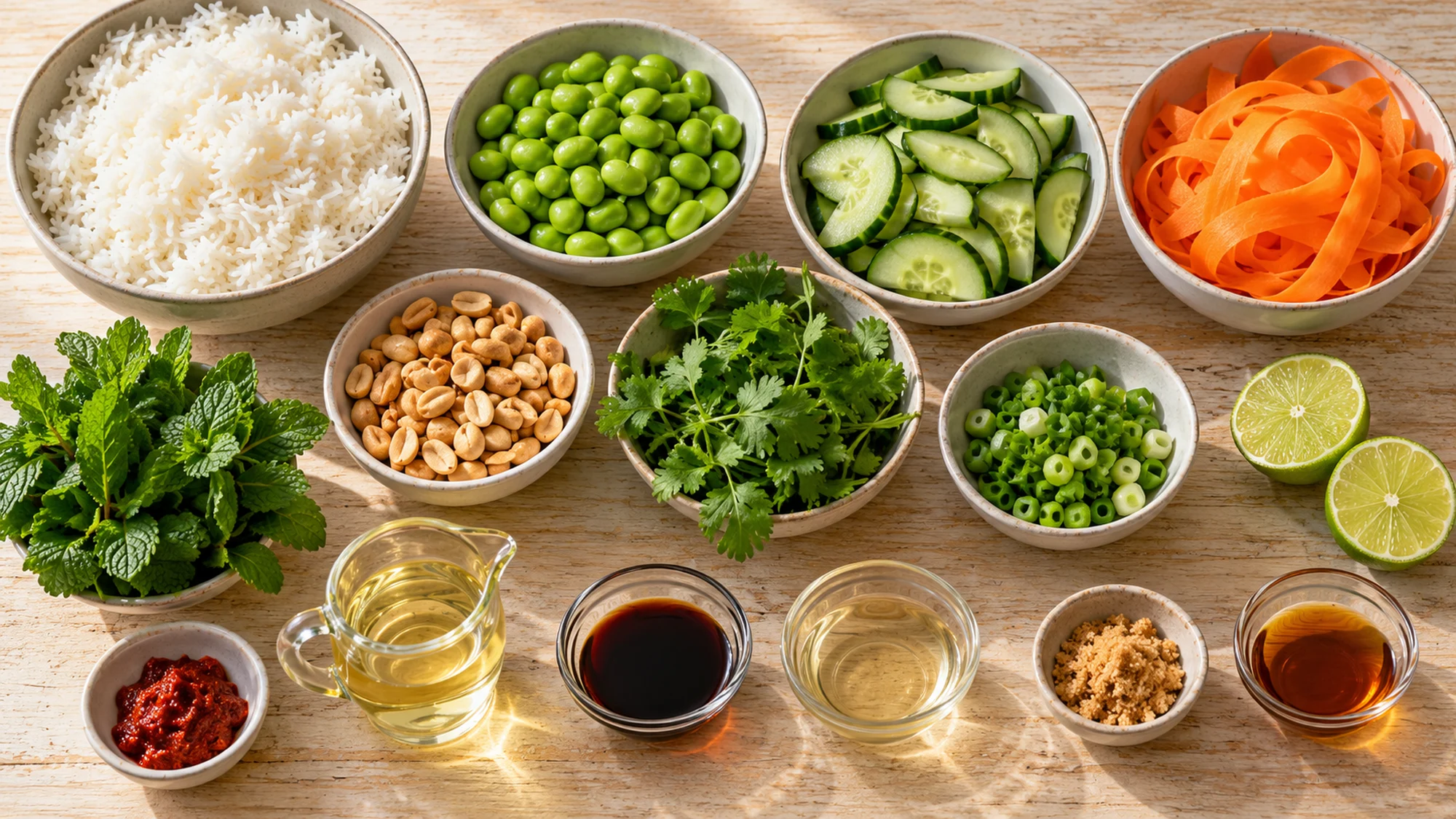 Rice, edamame, cucumber, carrot, herbs and dressing ingredients