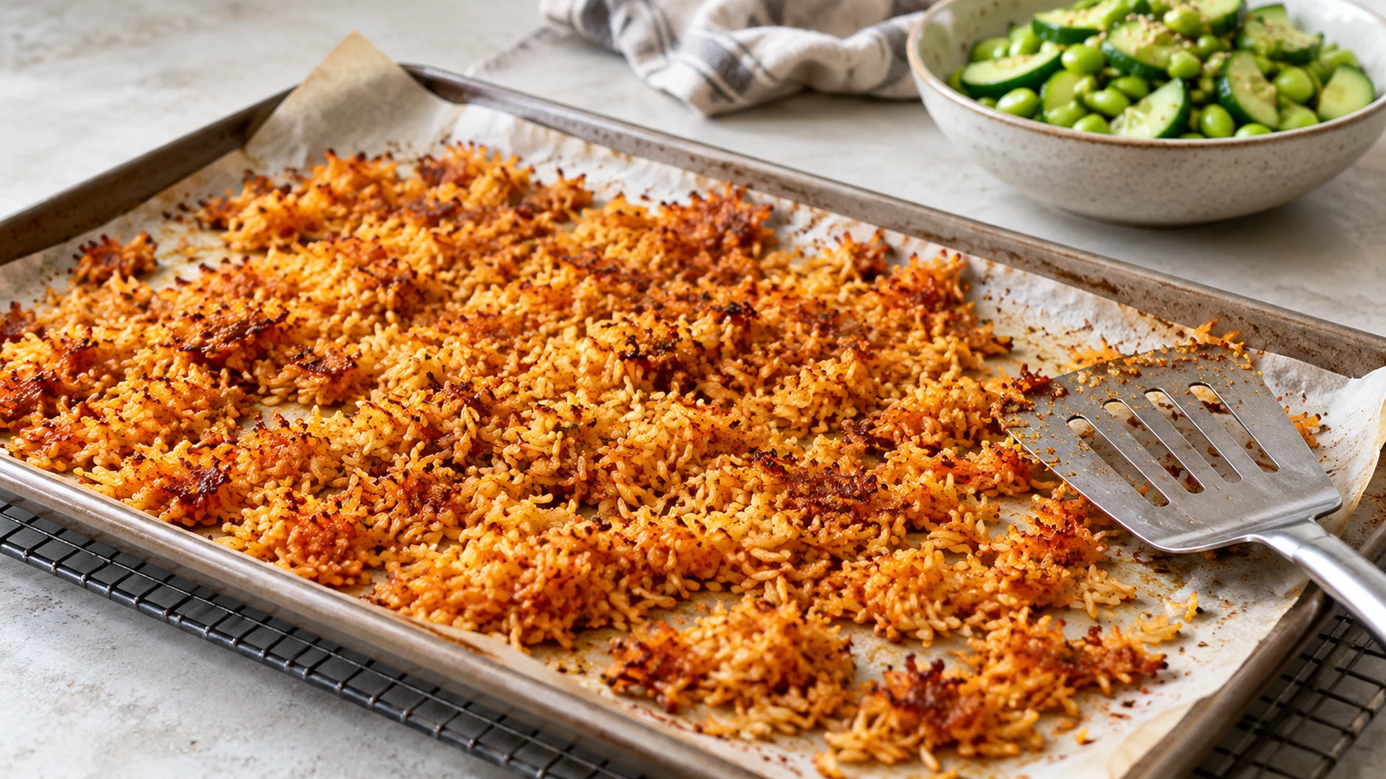 Curry-seasoned rice toasted in a thin layer on a baking tray