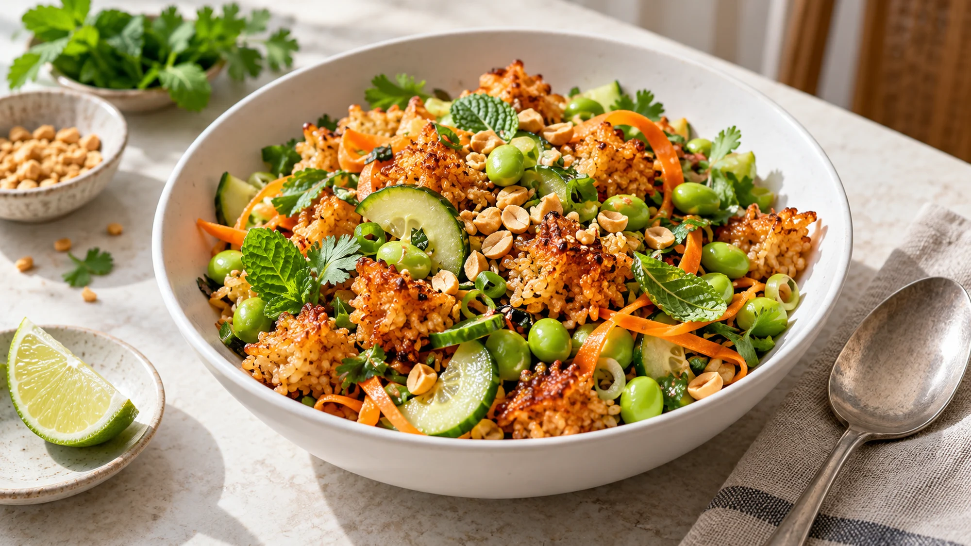 A serving of crispy rice salad with vegetables, herbs and peanuts