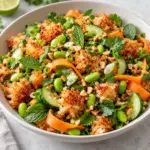 Crispy rice salad showing toasted rice, edamame, cucumber and herbs