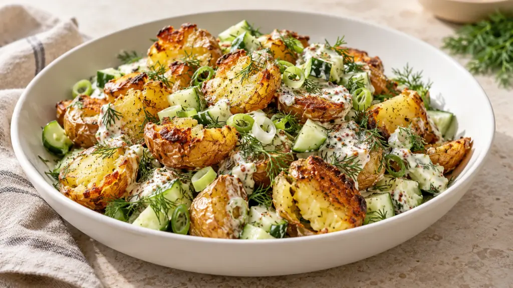 Crispy smashed potato salad with cucumber and lemon-dill dressing