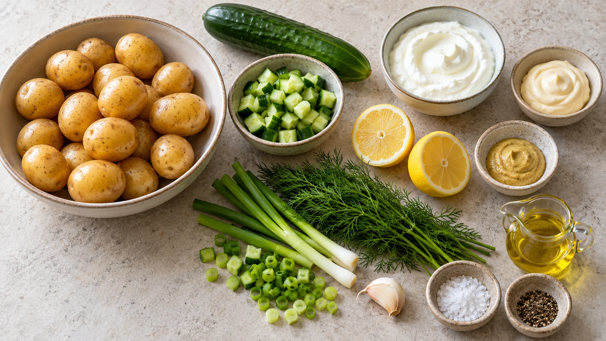 Baby potatoes, Greek yogurt, cucumber, dill and dressing ingredients